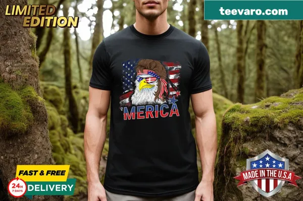 Patriotic t-shirt featuring a bald eagle with a mullet and American flag