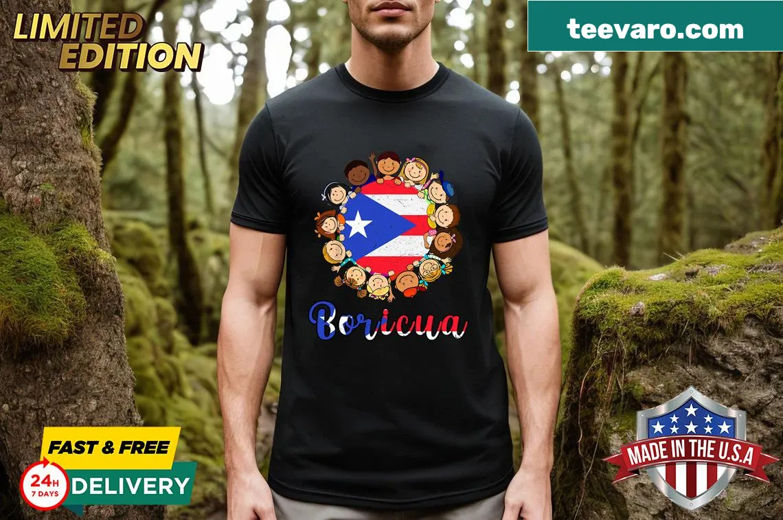 Kids t-shirt featuring the Puerto Rican flag in a sports-themed design — on a men's t-shirt