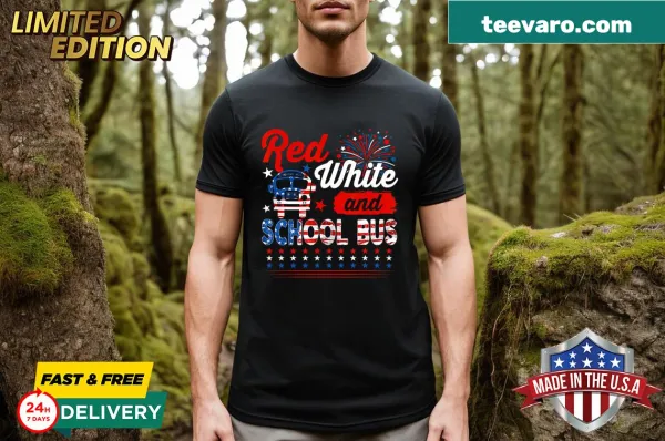T-shirt with a school bus and American flag illustration