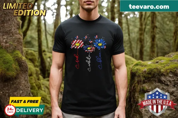 T-shirt with daisy and butterfly design alongside the American flag