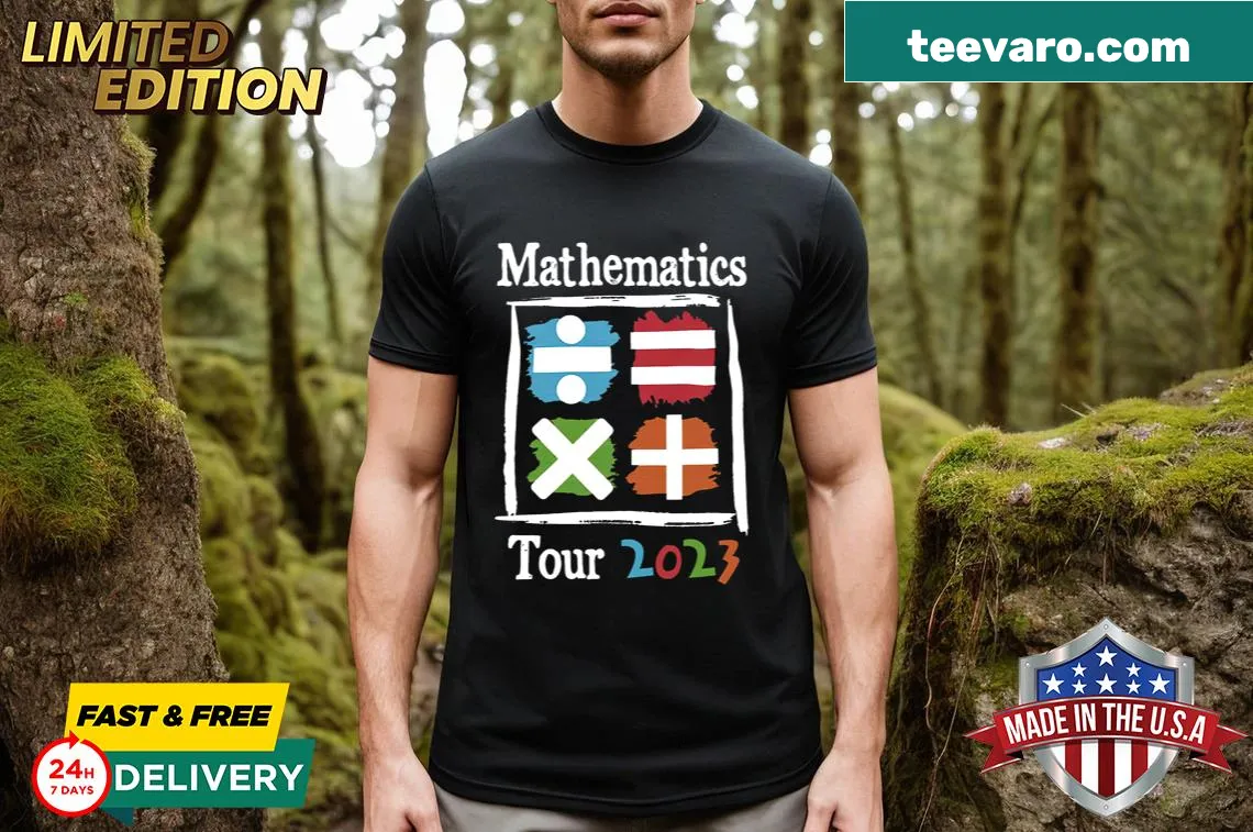 Mathematics-themed t-shirt celebrating the 2023 tour with typography design — on a men's t-shirt