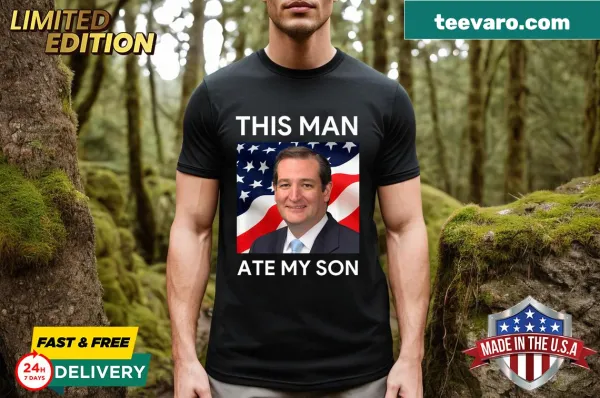Bold text humorously stating 'Buy This Man Ate My Son' on a T-shirt