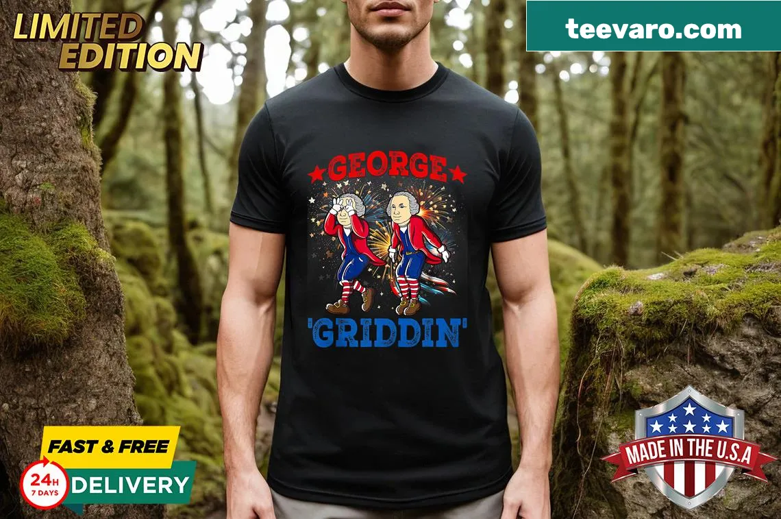 Retro t-shirt featuring dancing George Washington in Griddy style — on a men's t-shirt