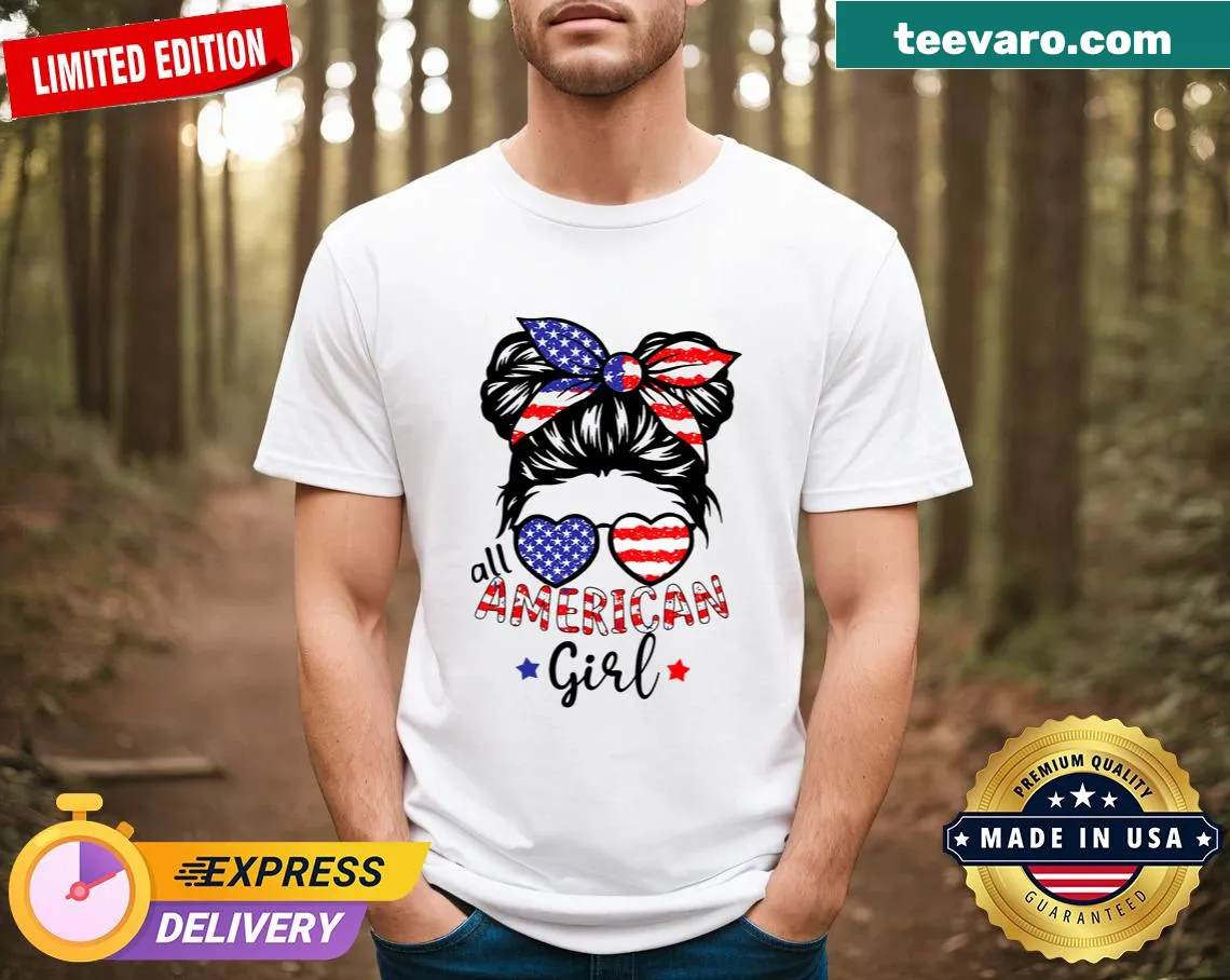 Graphic T-shirt featuring All American Girl with messy bun — on a men's t-shirt