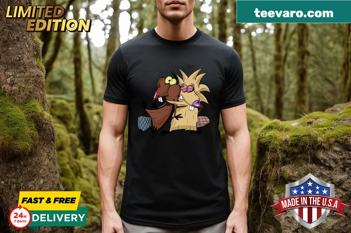 Cartoon T-shirt featuring Angry Beavers characters — on a men's t-shirt
