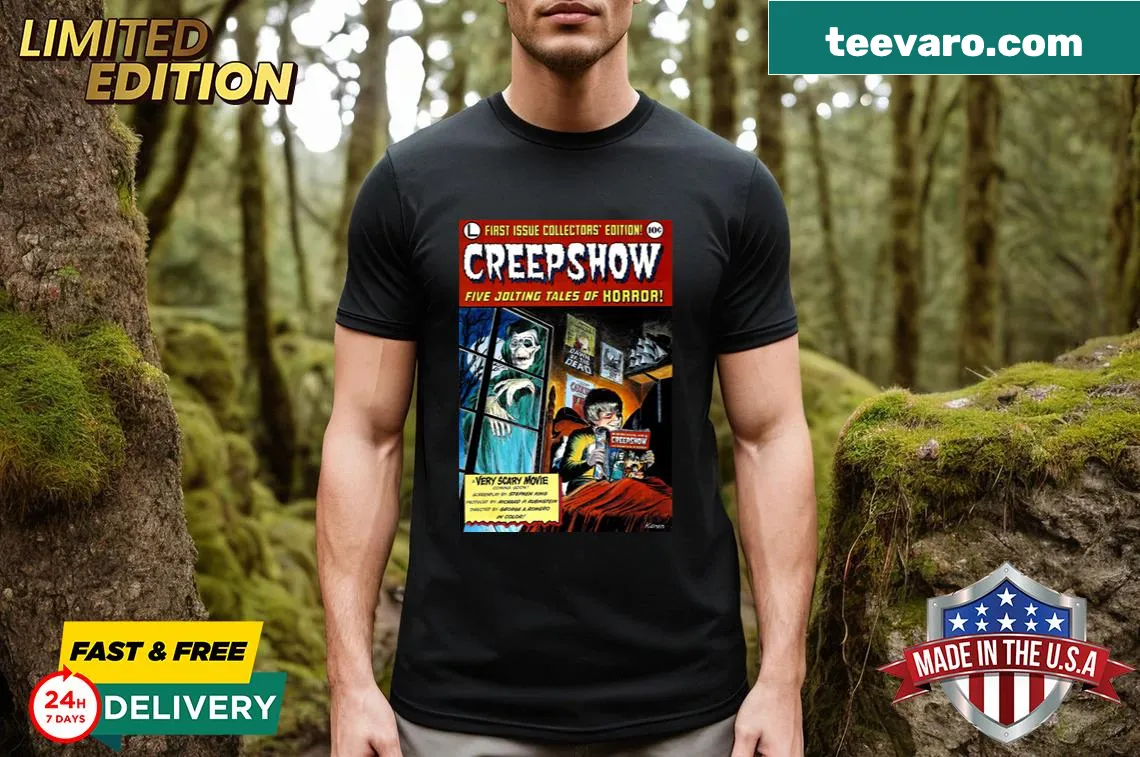 Creepshow theatrical poster design T-shirt with intricate horror artwork — on a men's t-shirt