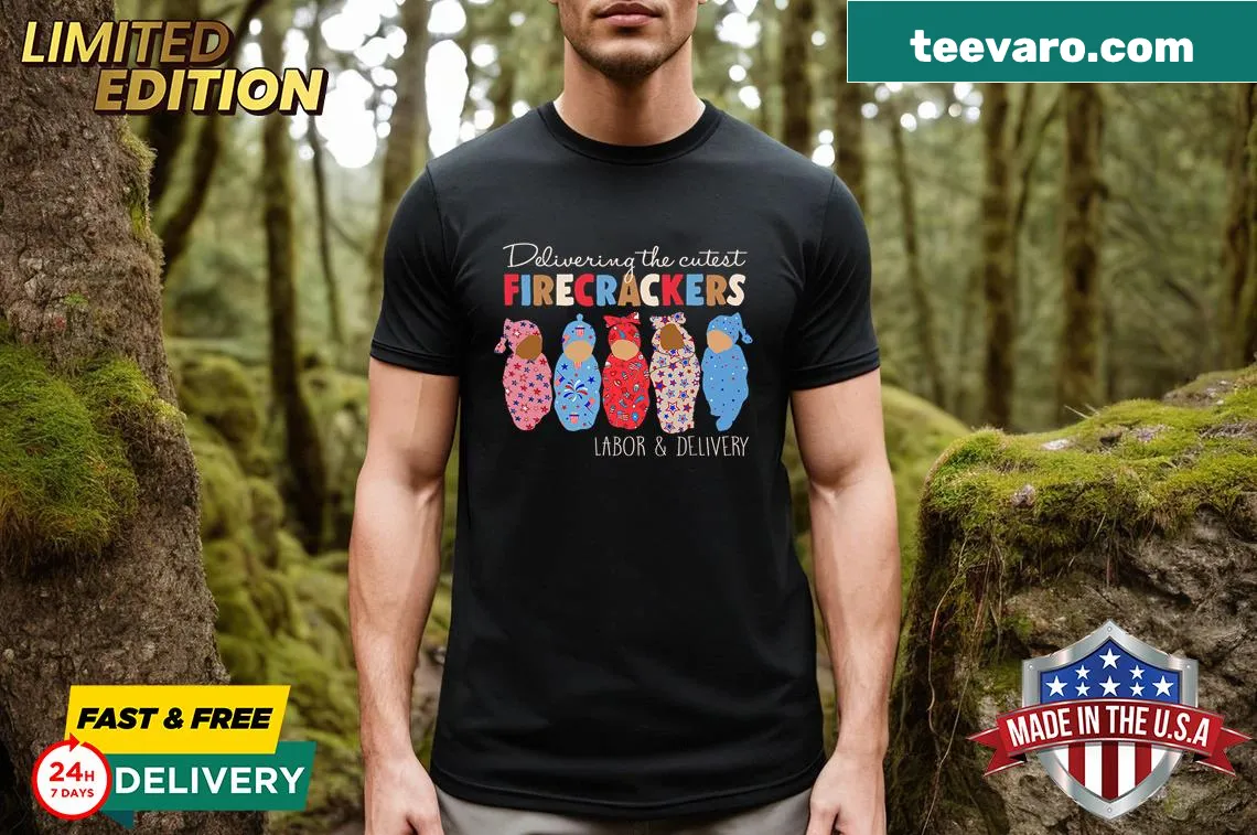 Funny nurse t-shirt featuring cute firecrackers and a humorous phrase — on a men's t-shirt