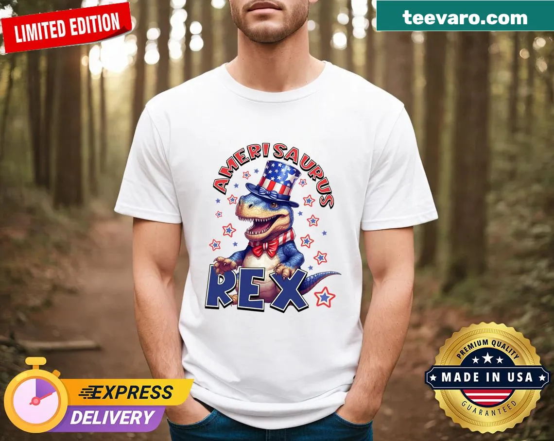 Cartoon dinosaur T-shirt with 4th of July theme — on a men's t-shirt