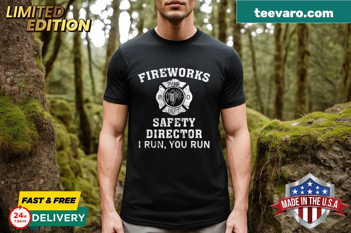 Safety director t-shirt with bold 'I Run You Run Bang' text — on a men's t-shirt