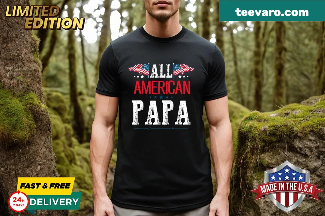 Vintage tee with All American Papa sunglasses design for July 4th. — on a men's t-shirt