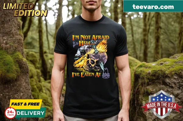 Funny 'Awesome Hell Arbys' text on a casual T-shirt