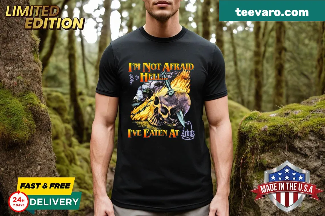 Funny 'Awesome Hell Arbys' text on a casual T-shirt — on a men's t-shirt