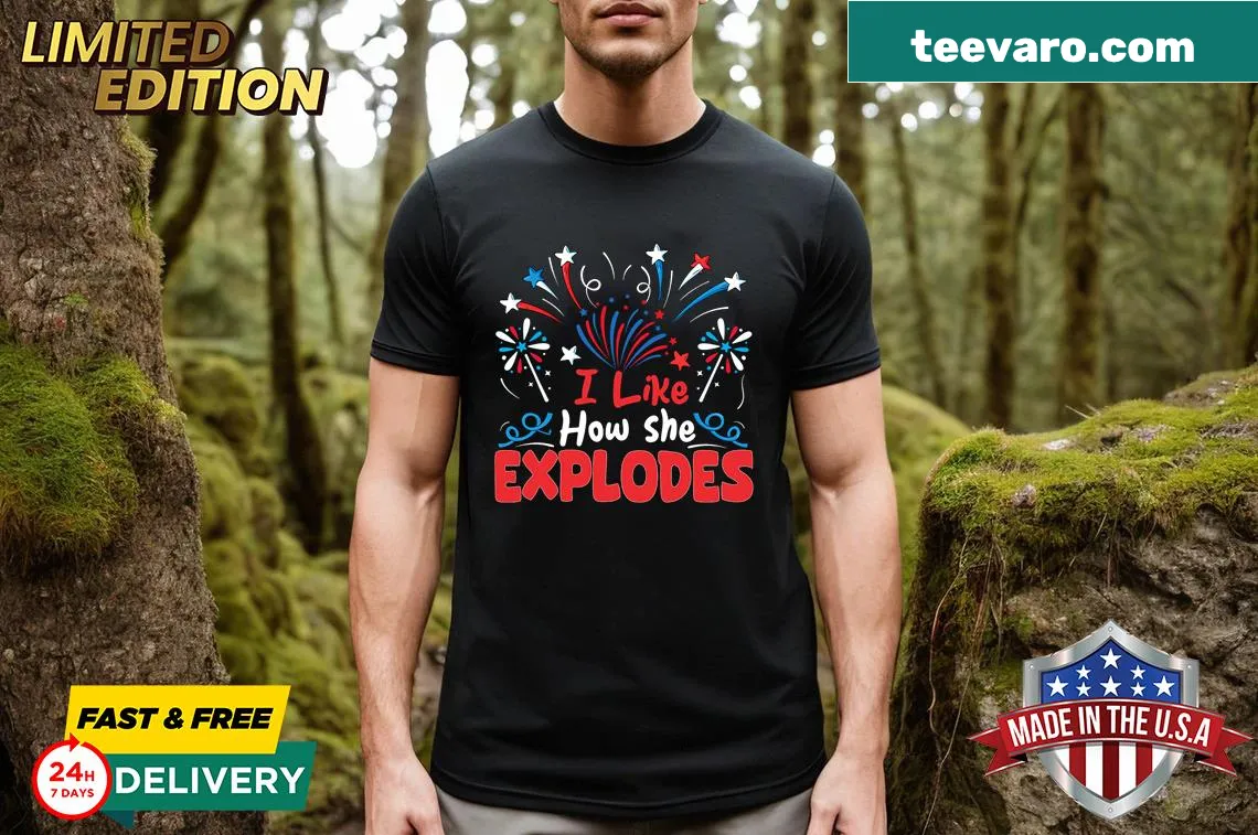 Funny matching couple t-shirt for Fourth of July with explosive design — on a men's t-shirt