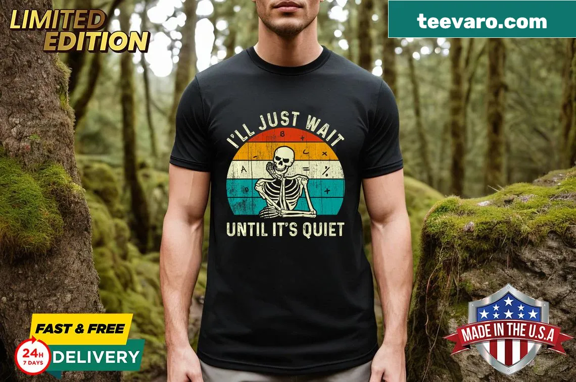 Funny skeleton teacher t-shirt with cartoon design and humorous text — on a men's t-shirt