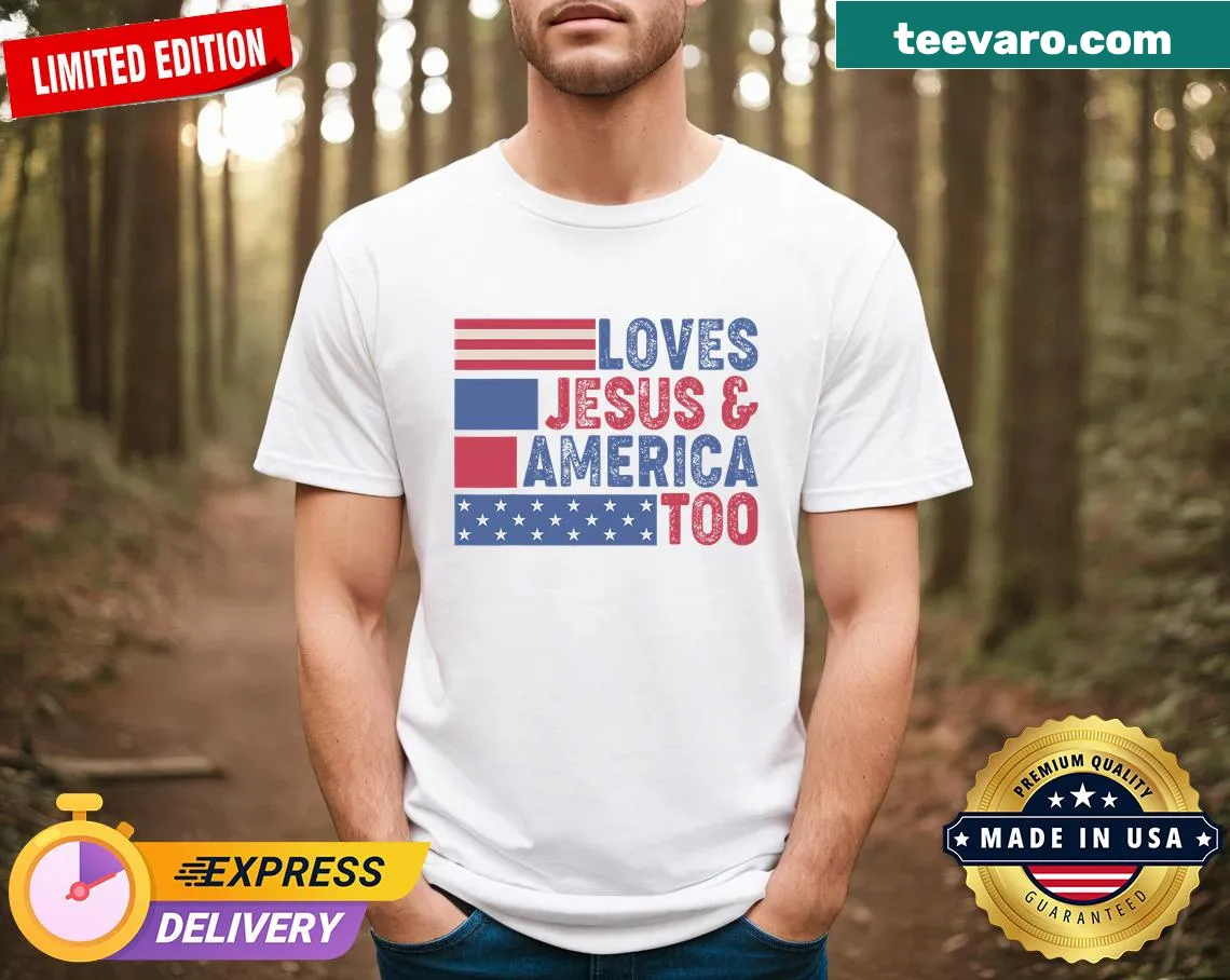 T-shirt with American flag and text about Jesus — on a men's t-shirt