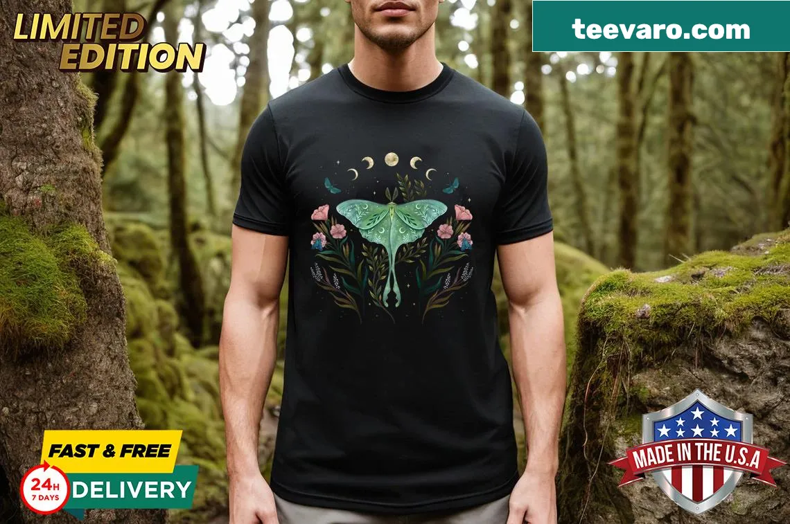 Embroidered shirt featuring moon phases and a luna moth — on a men's t-shirt
