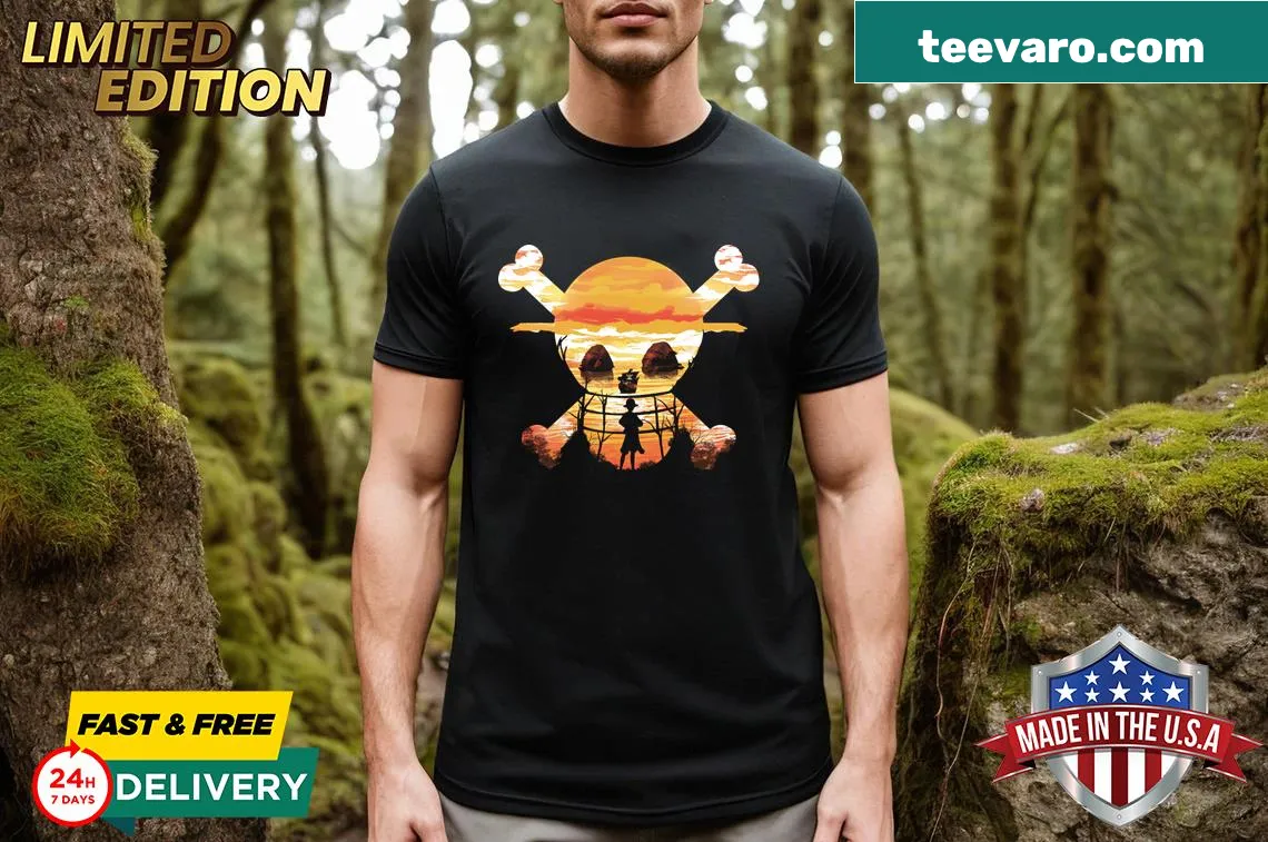 Illustrative T-shirt featuring the Straw Hat Crew from anime — on a men's t-shirt