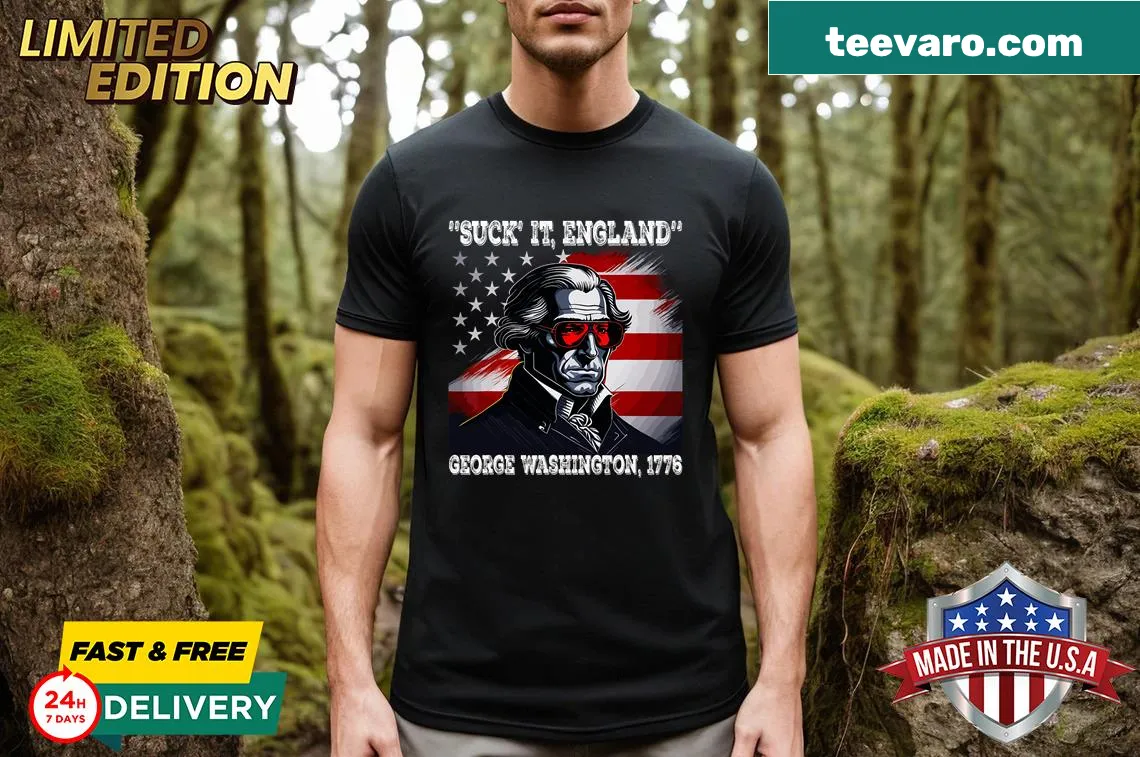 Humorous t-shirt stating 'Suck It England' with patriotic design — on a men's t-shirt