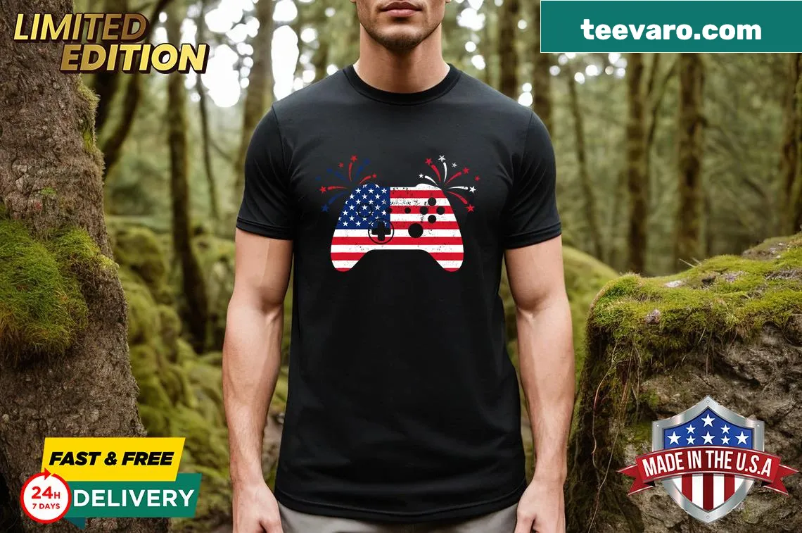 T-shirt featuring an American flag and gaming graphics. — on a men's t-shirt