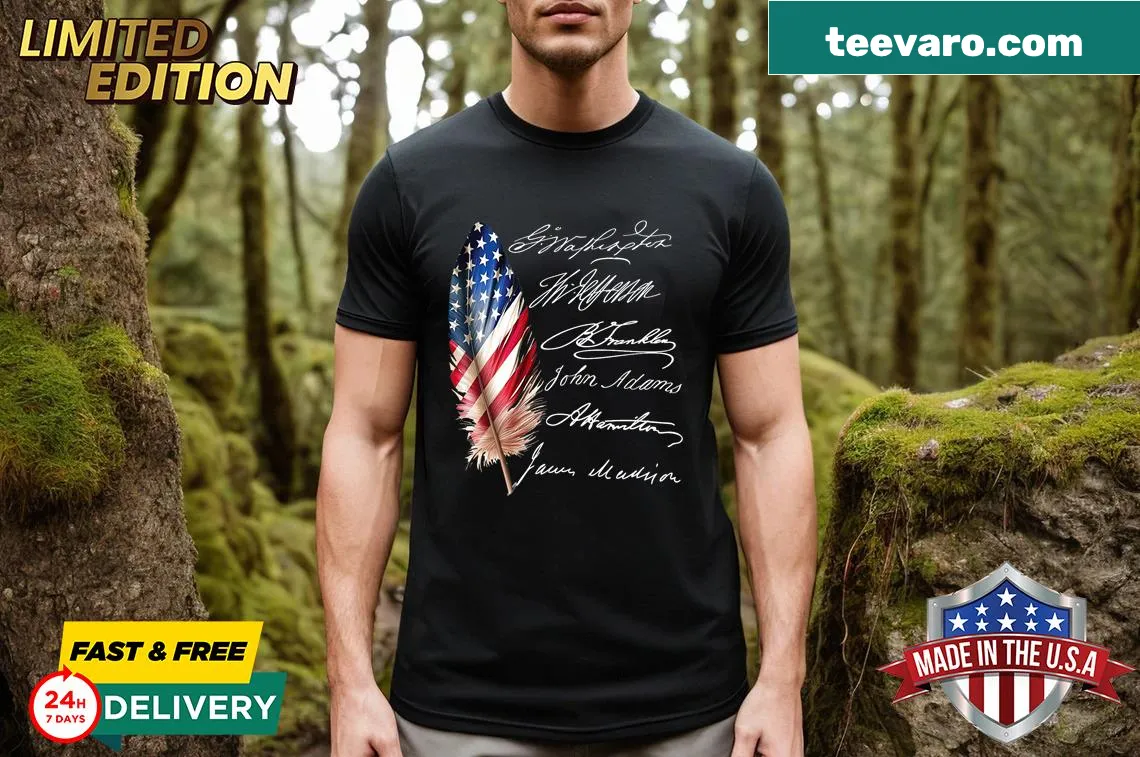 Patriotic t-shirt featuring signatures of founding fathers — on a men's t-shirt