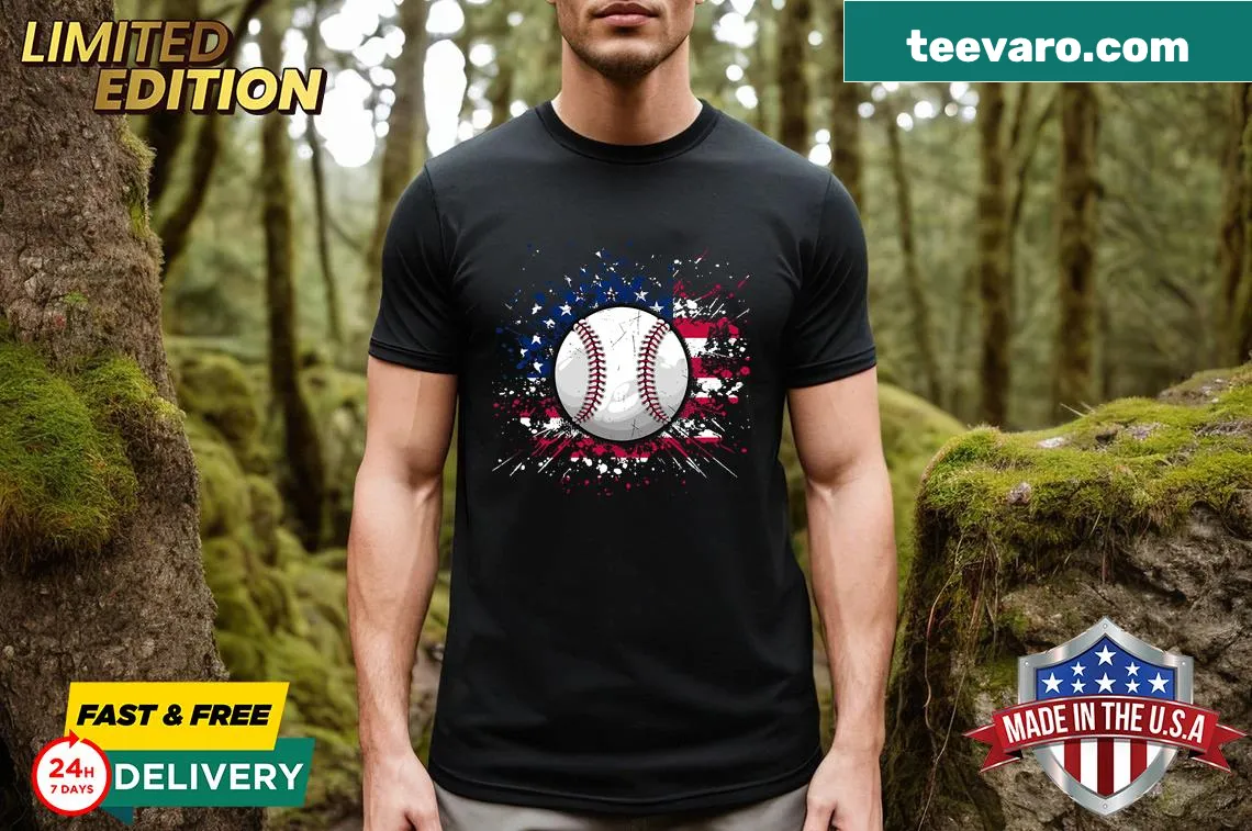 Vintage baseball T-shirt with American flag and baseball graphics — on a men's t-shirt