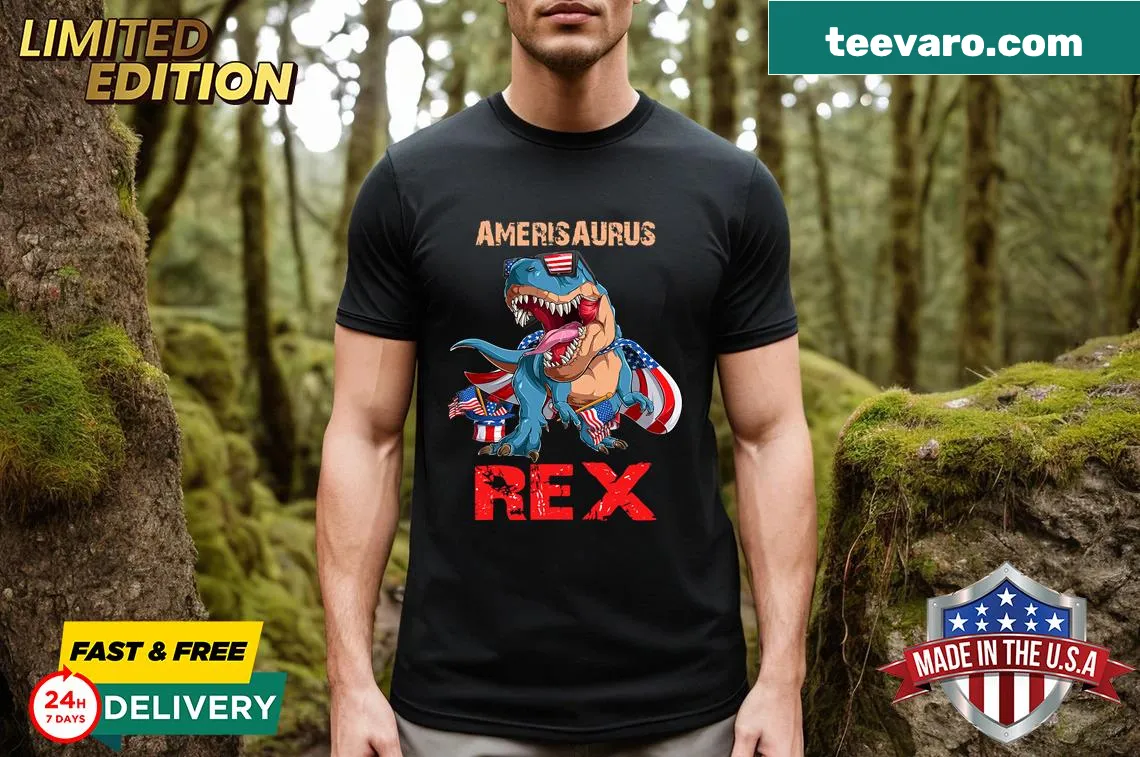 Funny T-Rex T-shirt for Fourth of July featuring a cartoon dinosaur. — on a men's t-shirt