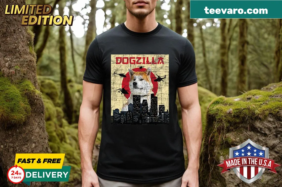 Illustrated T-shirt for Akita lovers featuring a 'Dogzilla' design. — on a men's t-shirt