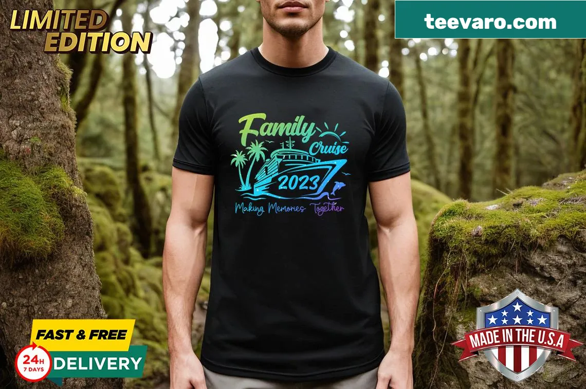 Family Cruise 2023 t-shirt with vacation-themed imagery — on a men's t-shirt