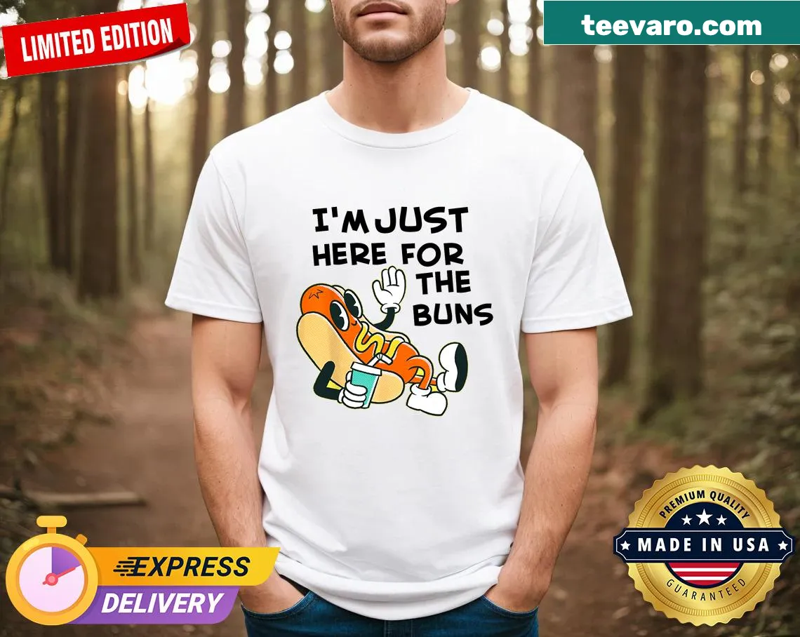 Funny hot dog t-shirt with I'm Just Here For The Buns text — on a men's t-shirt