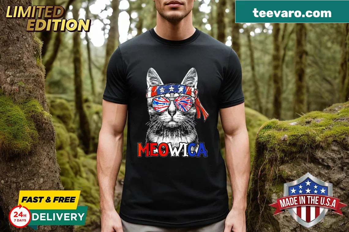 Funny cat t-shirt with Meowica design for Fourth of July — on a men's t-shirt