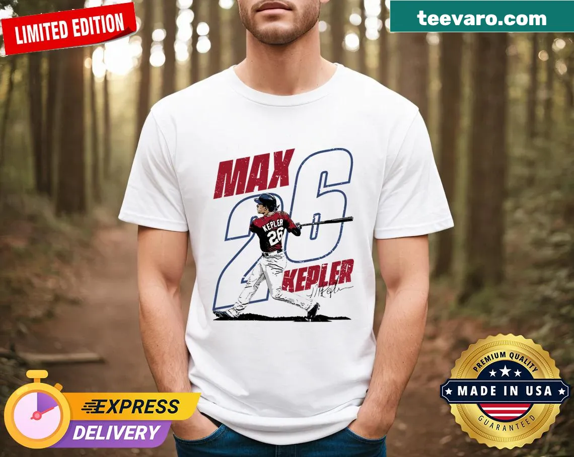 T-shirt featuring Max Kepler and Minnesota Twins emblem. — on a men's t-shirt