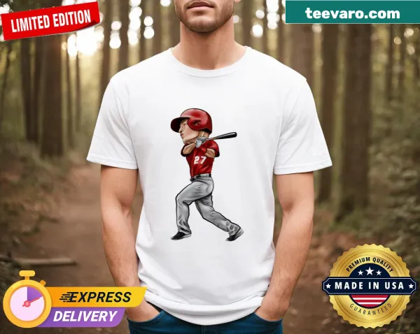 Cartoon rendition of Mike Trout on Los Angeles A t-shirt