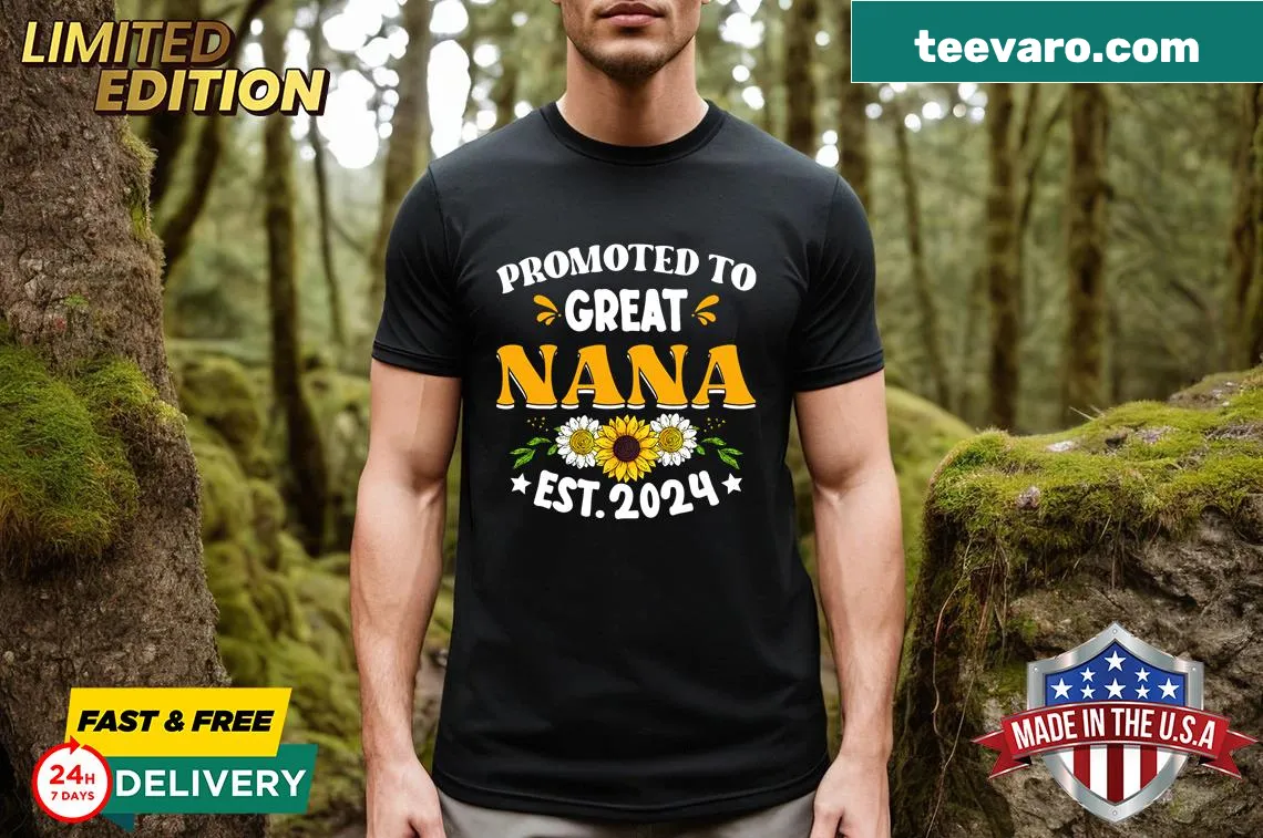 T-shirt with the text 'Promoted To Great Nana Est 2024' in cheerful typography — on a men's t-shirt