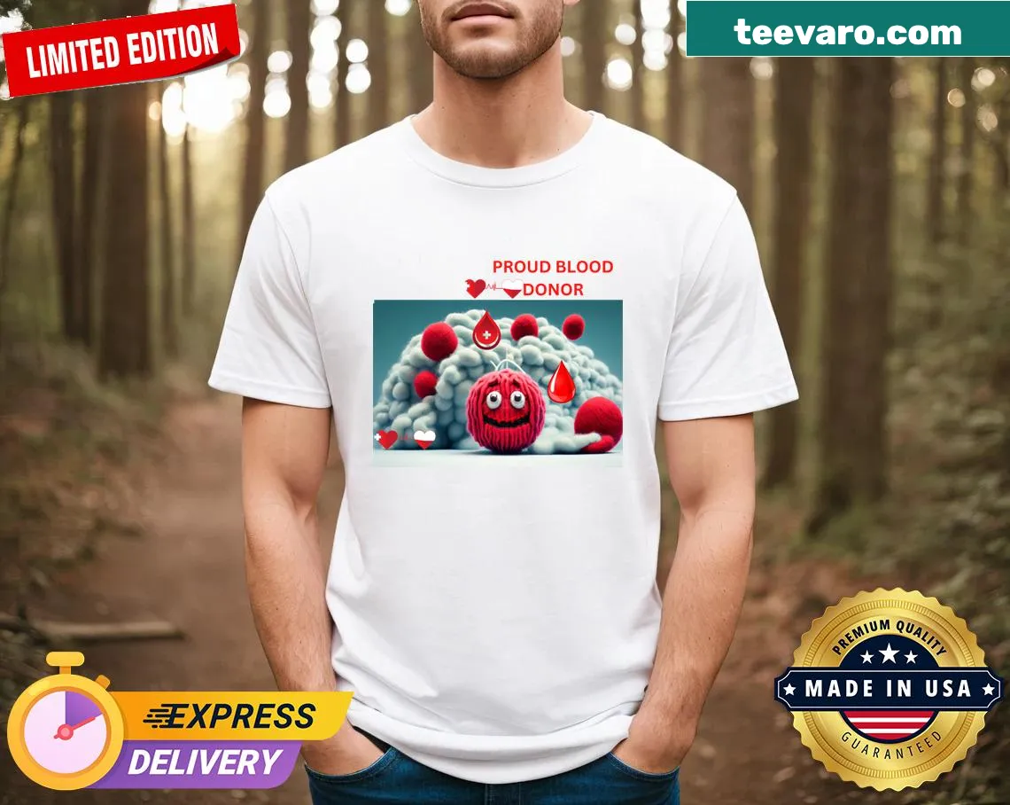 Humorous T-shirt declaring pride in blood donation with fun typography — on a men's t-shirt