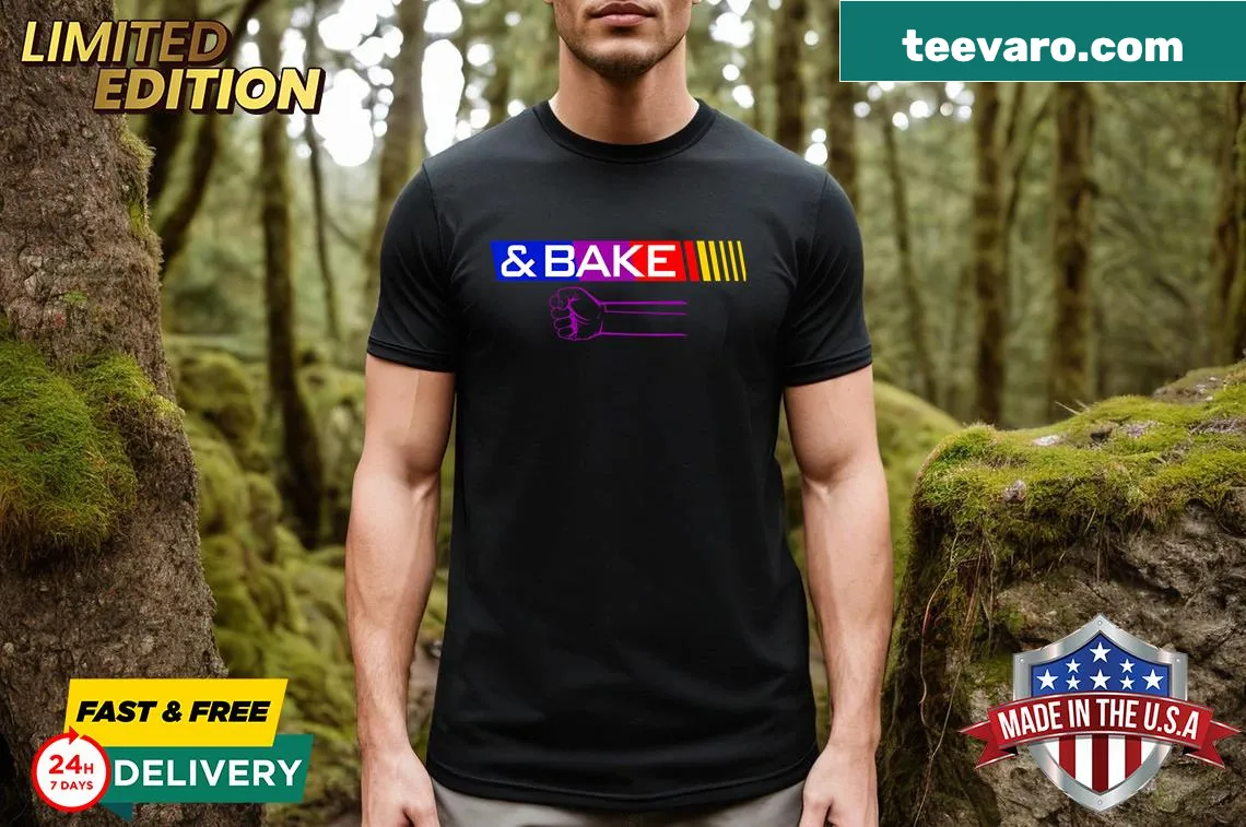 Matching t-shirts for couples with humorous 'Shake and Bake' text — on a men's t-shirt