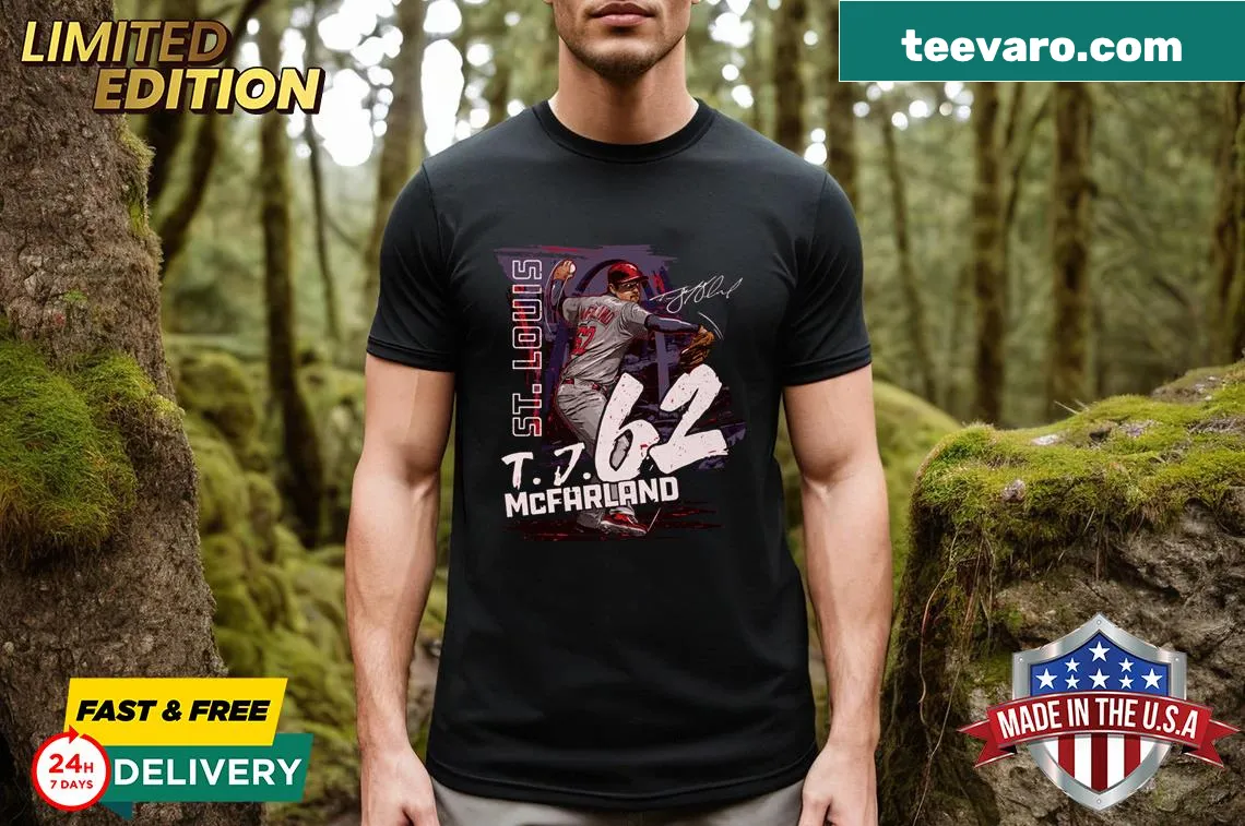 Tj McFarland St. Louis State T-shirt with playful typography — on a men's t-shirt