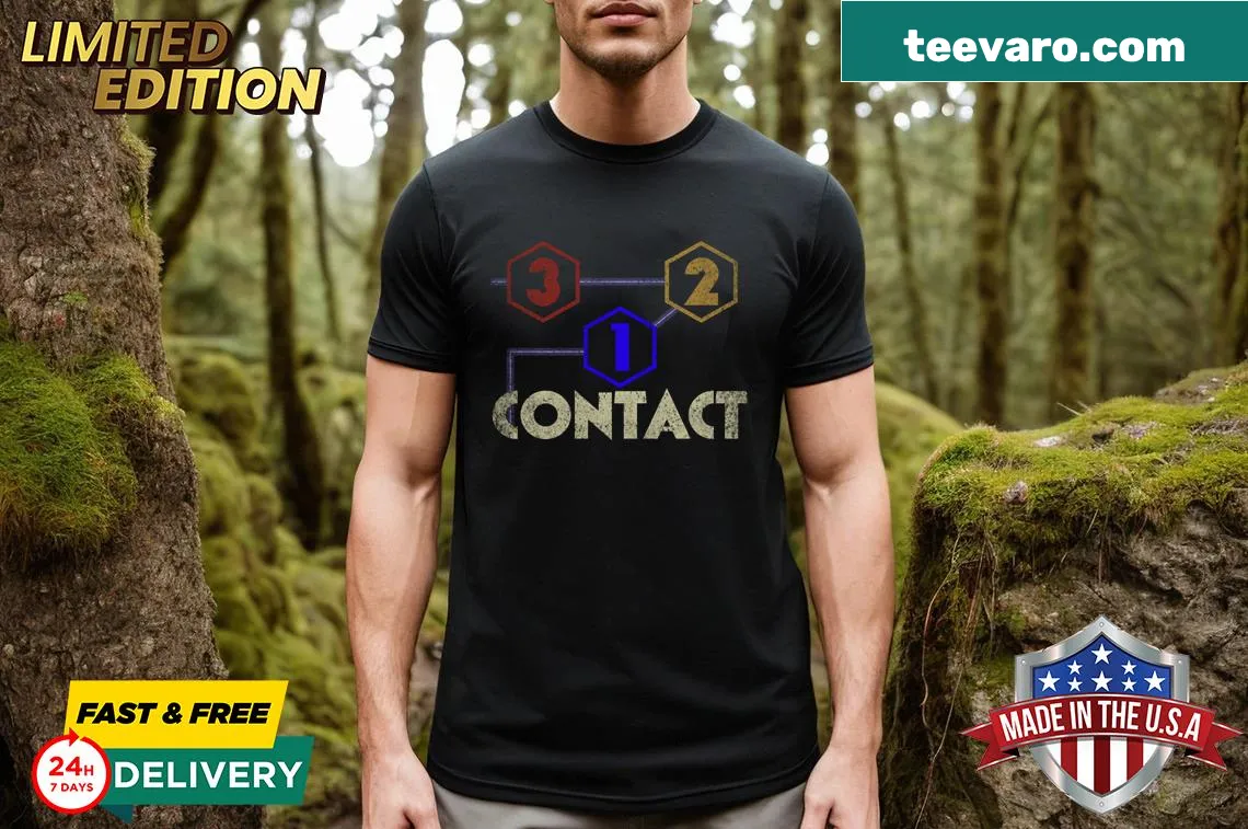 Nostalgic design featuring '3 2 1 Contact' text — on a men's t-shirt