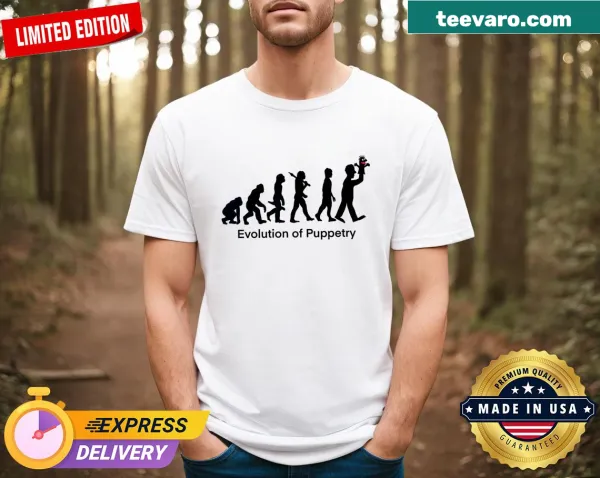 Cartoon graphic of puppet evolution on a t-shirt