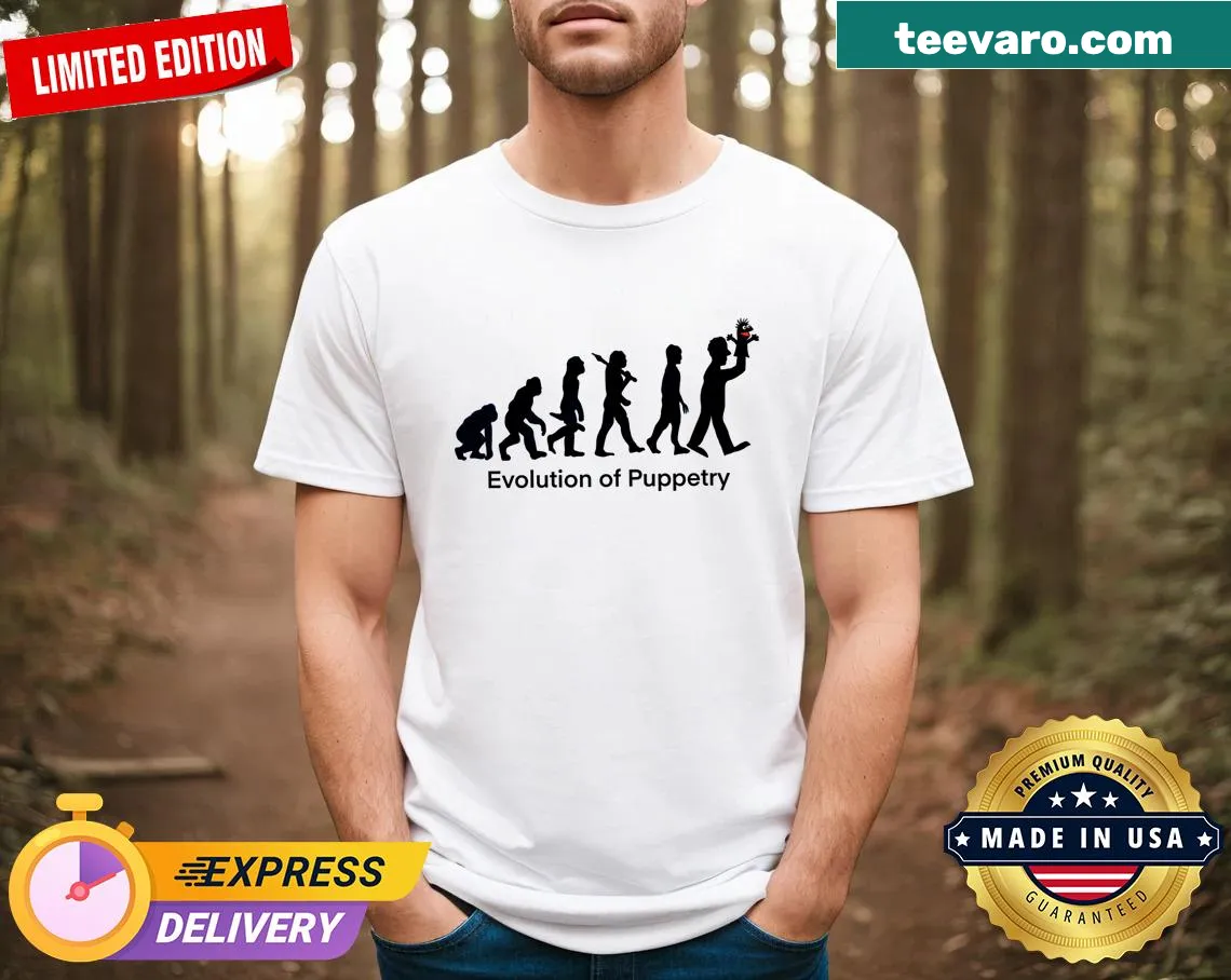 Cartoon graphic of puppet evolution on a t-shirt — on a men's t-shirt