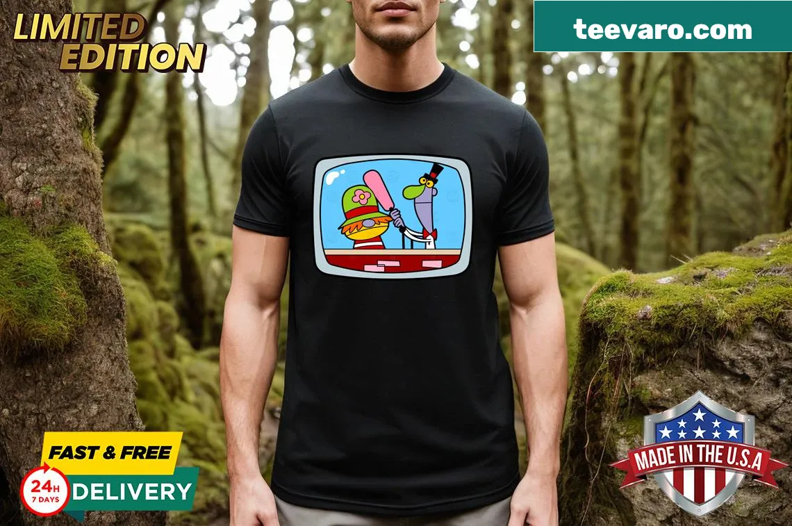 Delightful T-shirt featuring a design celebrating TV puppet pals — on a men's t-shirt