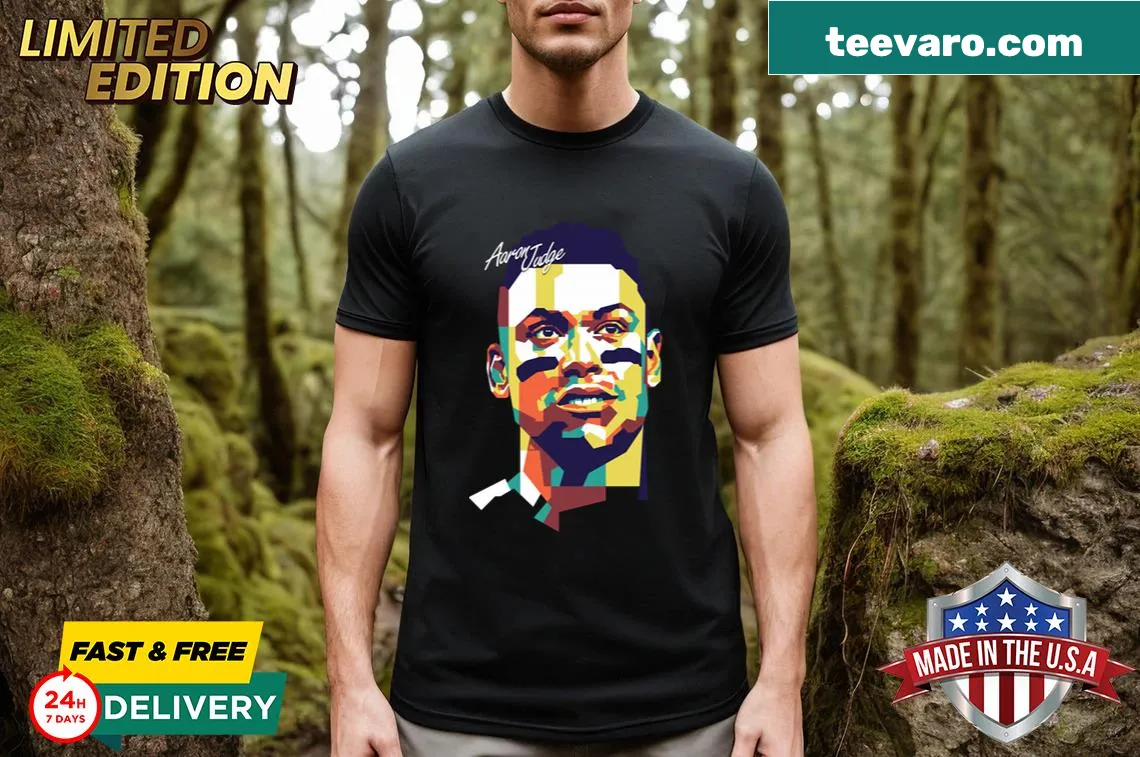 Vintage-style t-shirt with WPAP graphic of Aaron Judge. — on a men's t-shirt