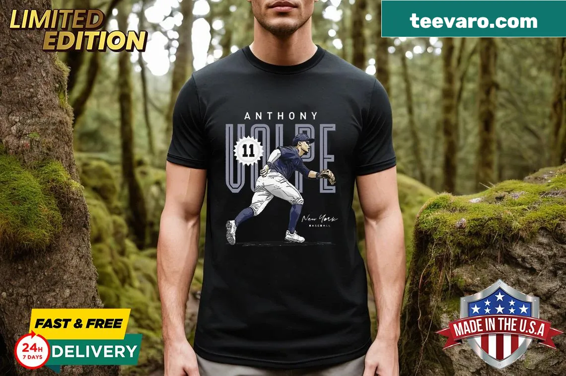 Illustrated t-shirt of Anthony Volpe with New York Y card. — on a men's t-shirt