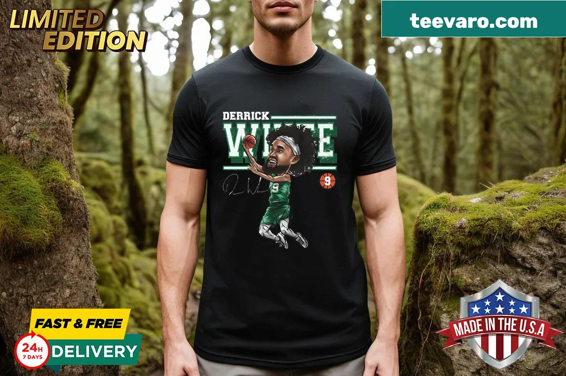 Cartoon of Derrick White on a diamond-themed t-shirt — on a men's t-shirt