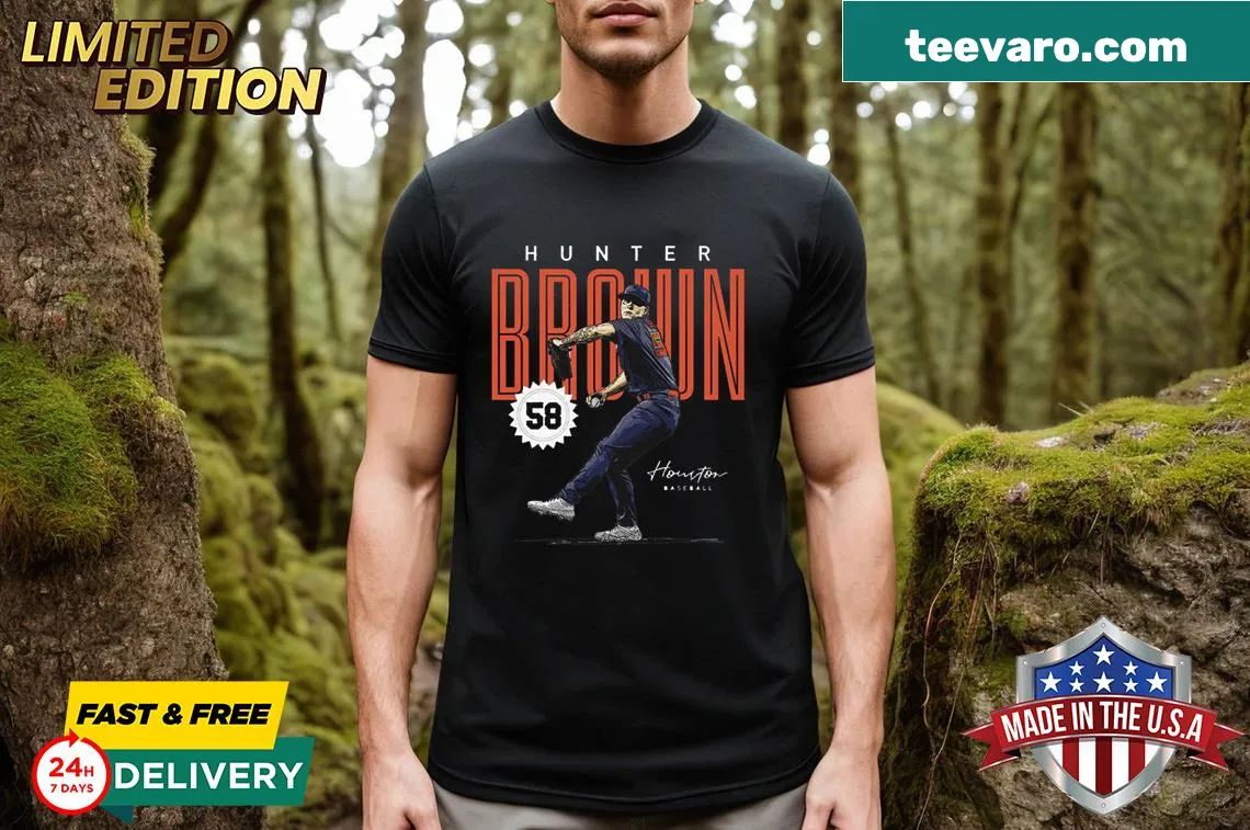 Oversized t-shirt featuring Hunter Brown football card illustration — on a men's t-shirt
