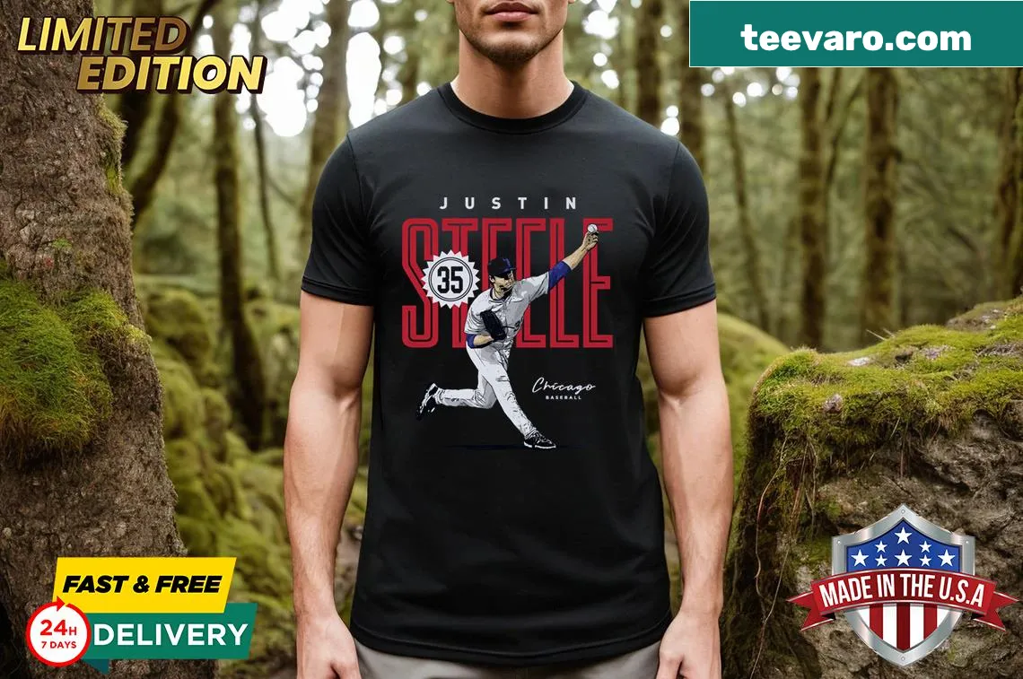 Customized t-shirt with Justin Steele Chicago C card design — on a men's t-shirt