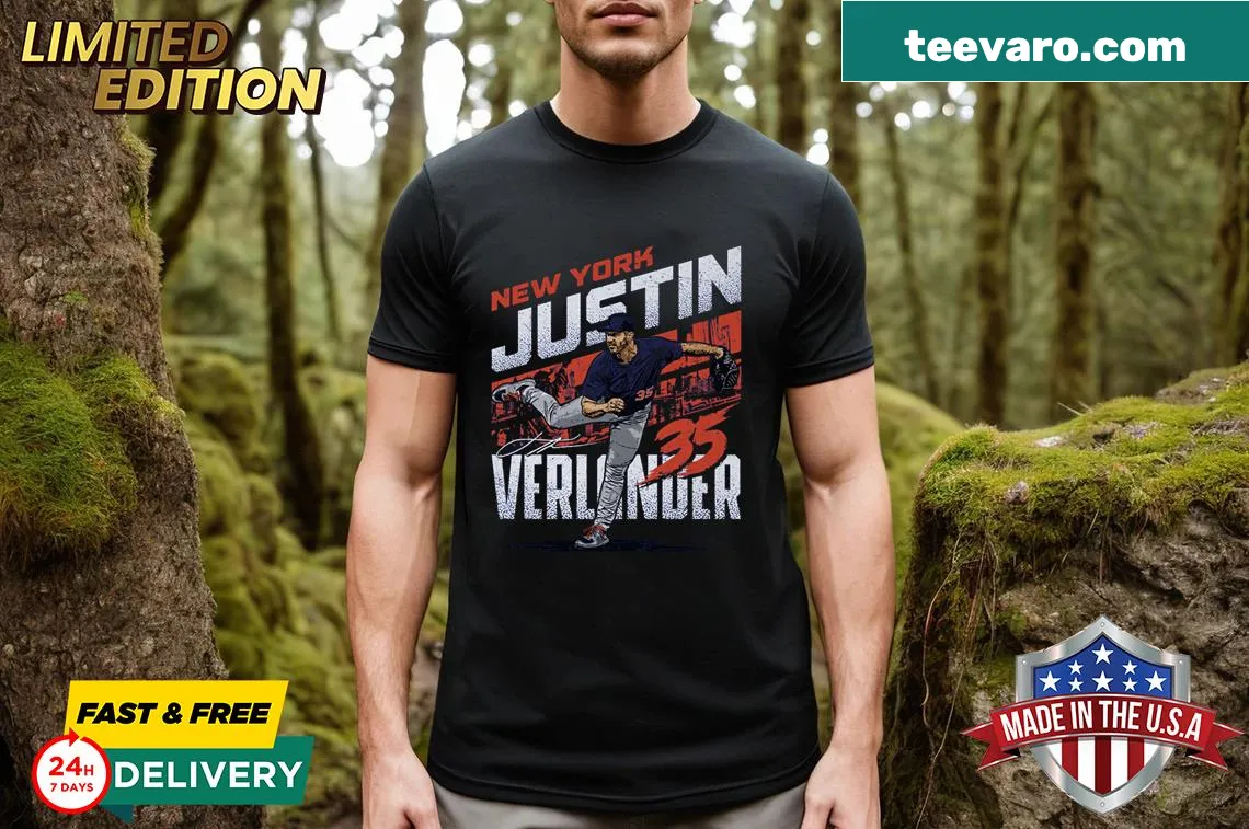 Statement t-shirt featuring Justin Verlander and New York city name — on a men's t-shirt