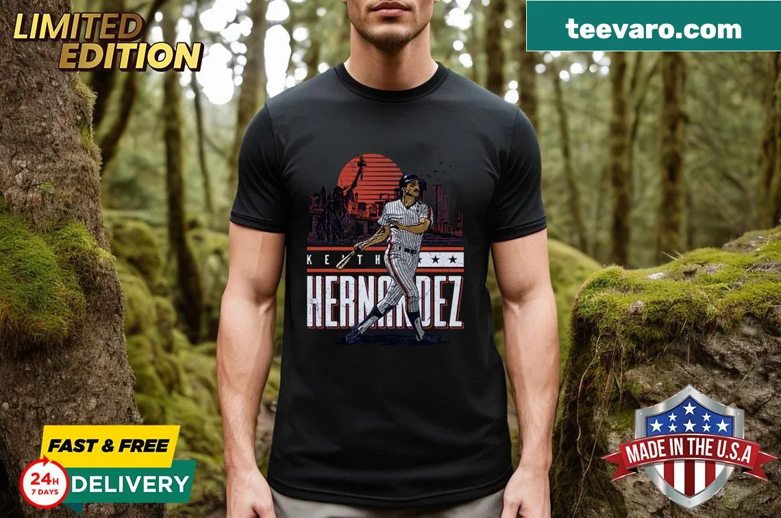 Keith Hernandez tribute t-shirt with New York skyline and 'M' logo — on a men's t-shirt