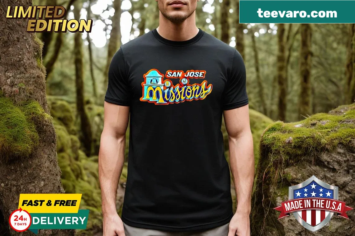T-shirt featuring the San Jose Missions baseball team logo. — on a men's t-shirt