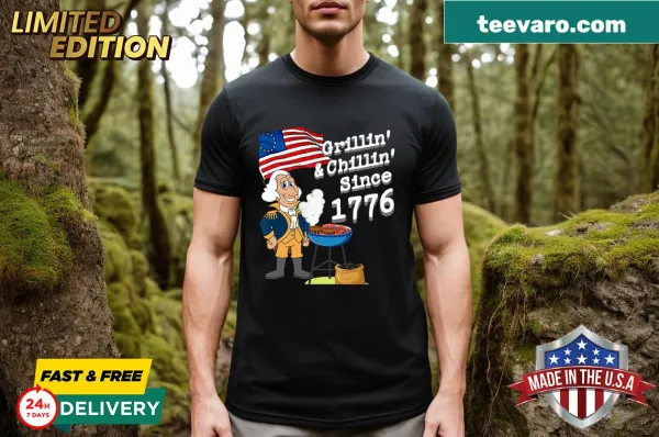 Embroidered July 4th t-shirt featuring Grillin' & Chillin' text
