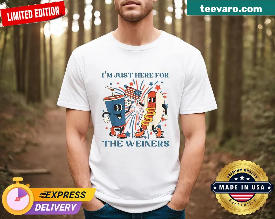 Funny July 4th t-shirt with Hot Dog and 'I'm Just Here For The Wieners' text — on a men's t-shirt